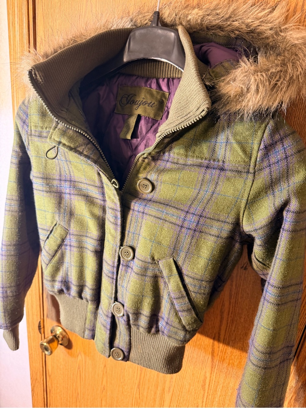 Y2K Jou Jou Wool Blend Plaid Bomber w/ Removable Faux Fur Hood - Picture 2 of 7